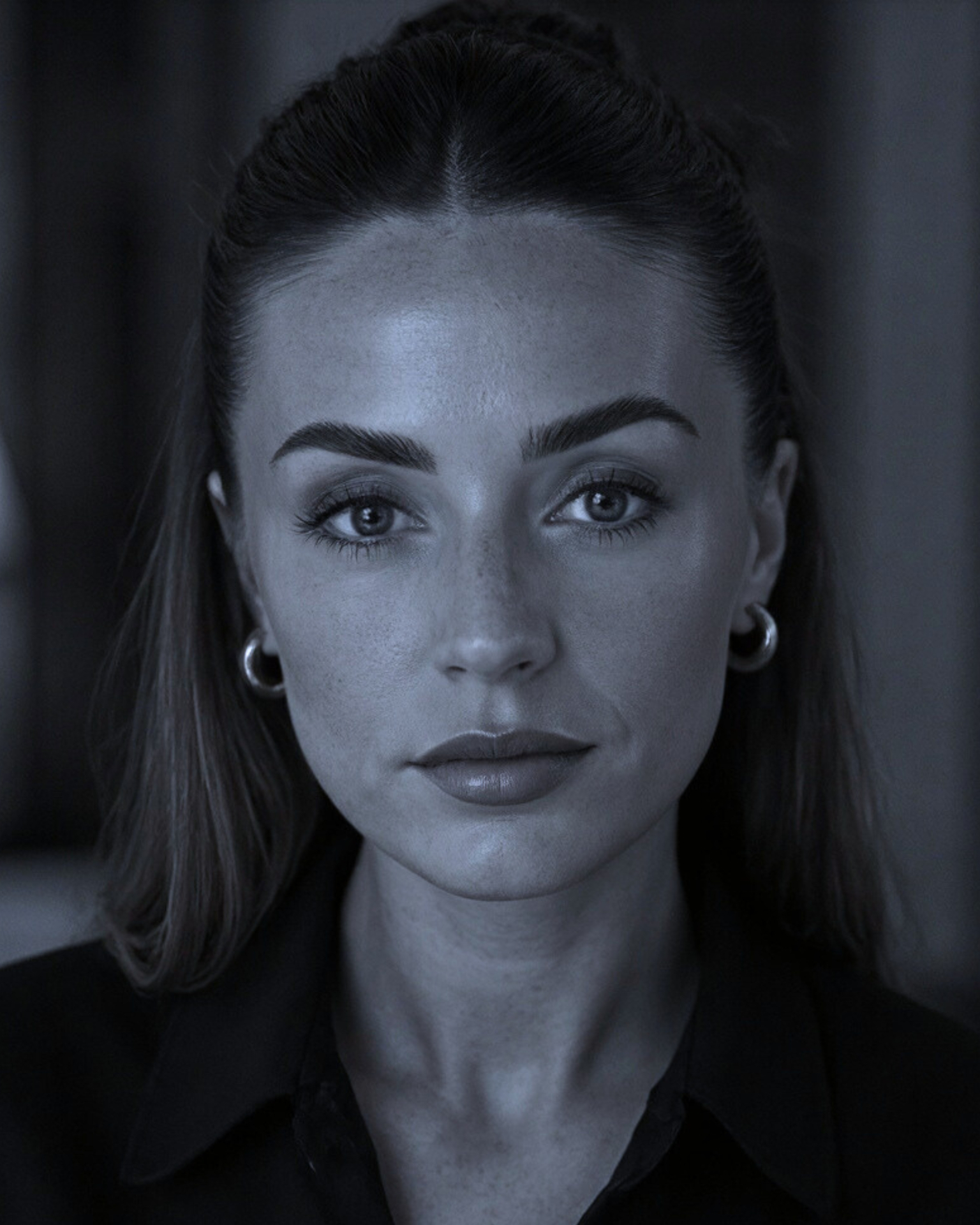 Portrait of vocalist Gemma Macafee under cyan and violet stage lighting
